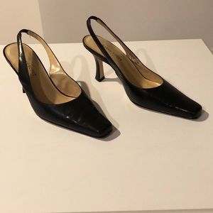 Black square toe slingback heels